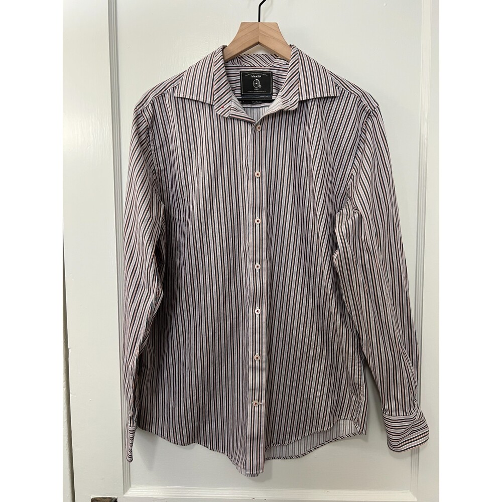 Maker & Company Orange Blue White Grey Red Striped Button Front Shirt - Size L